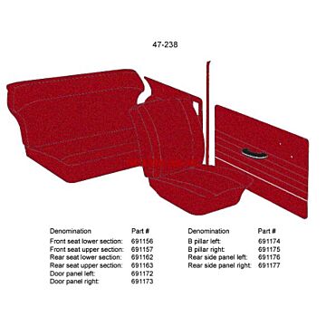 Bekleding PV544 B stijl rechts rood 1963-1964 code 50-240