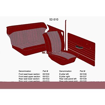 Bekleding PV544 B stijl rood links 52-510 1965-1966 + rechts SET incl 691537