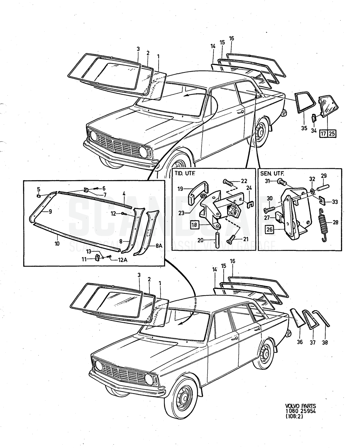 rear window, Illustration quarter windows Sats Kit - eksplosionstegning, Andre dele, Volvo 140-serien op til 1972