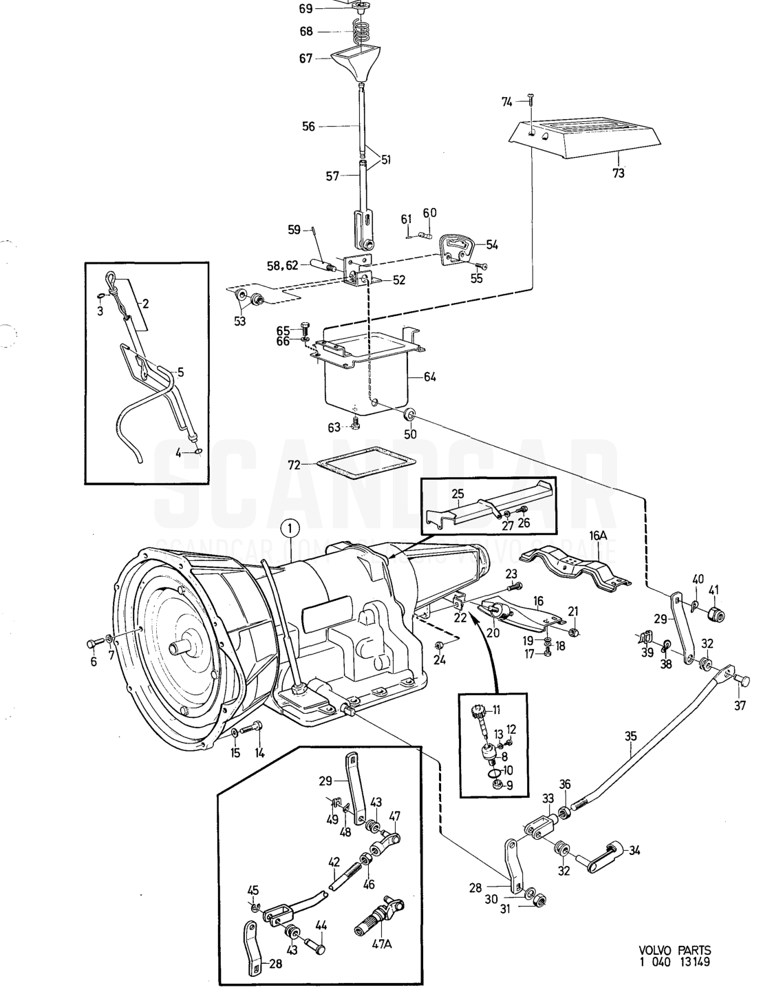 Gearbox Mountings, control - eksplosionstegning, Kraftoverføring - Bagaksel, Volvo 164-serien op til 1975