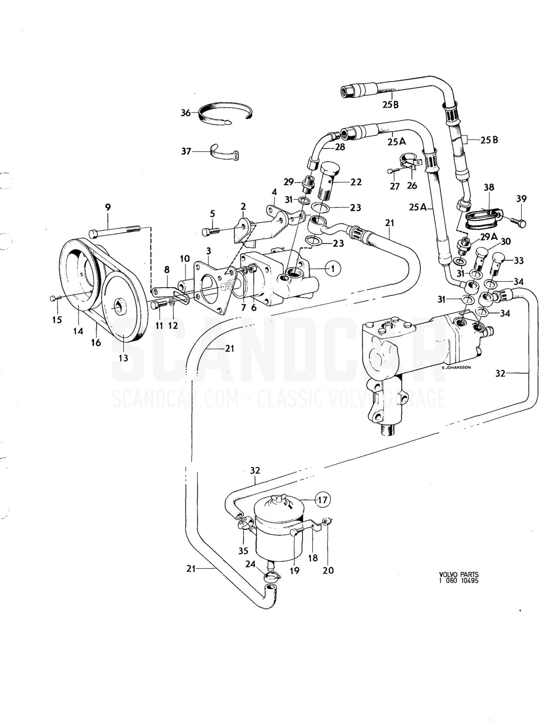 Hydraulic pump,oil reser voir, servo steering - eksplosionstegning, Foraksel - Hjul - Styretøj, Volvo 164-serien op til 1975