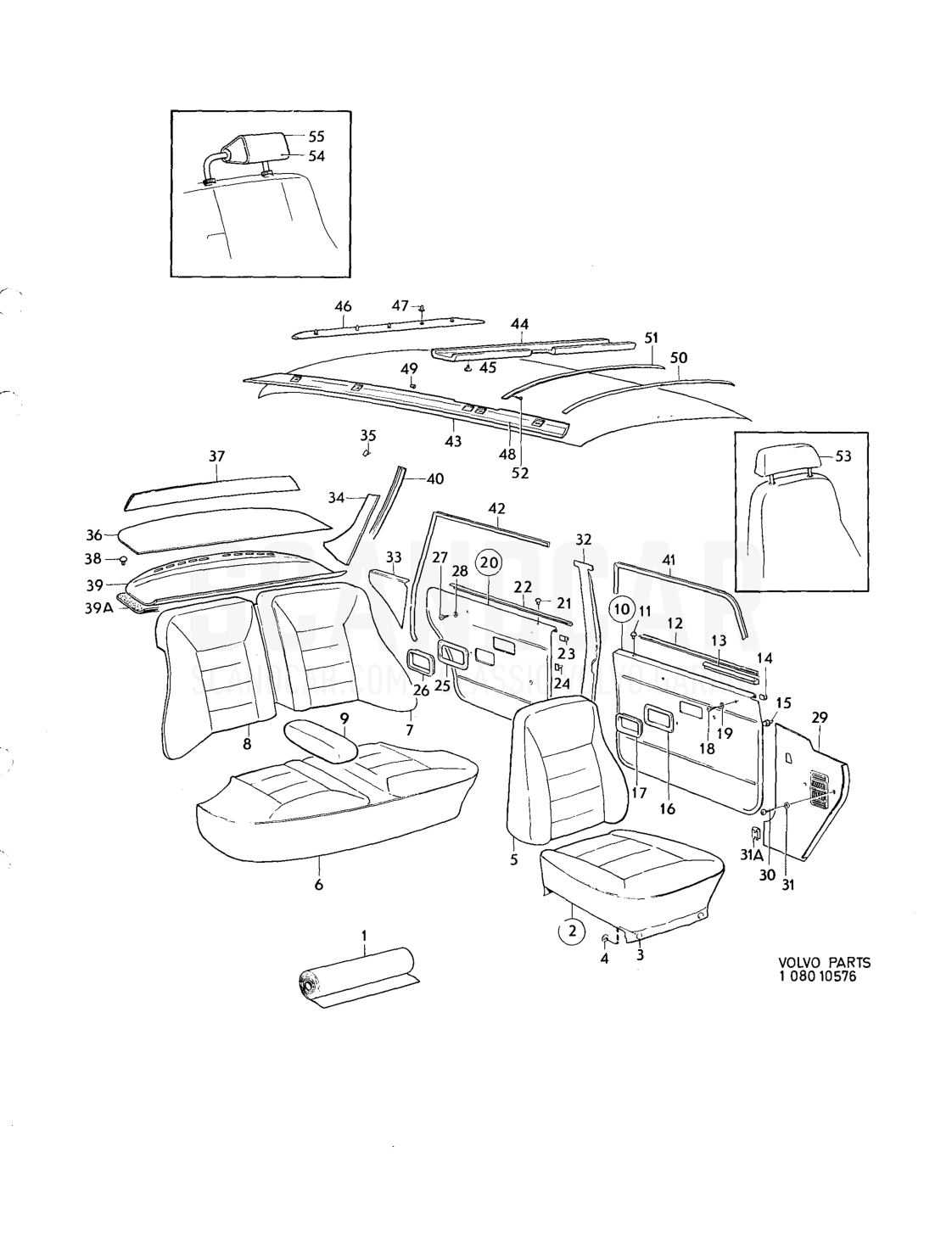 Upholstery upholstery combination - eksplosionstegning, Karrosseri, Volvo 164-serien op til 1975