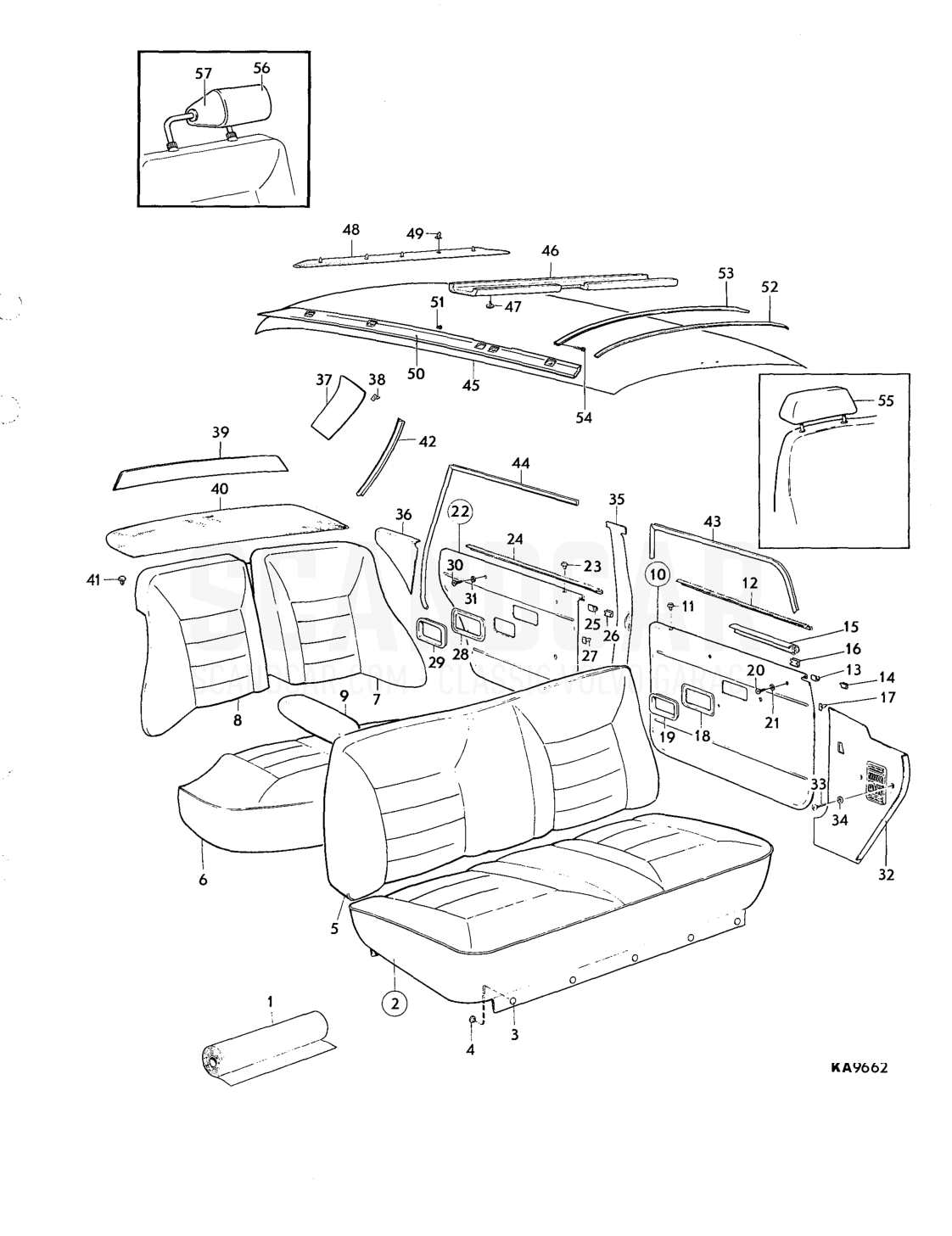 Upholstery upholstery combination - eksplosionstegning, Karrosseri, Volvo 164-serien op til 1975